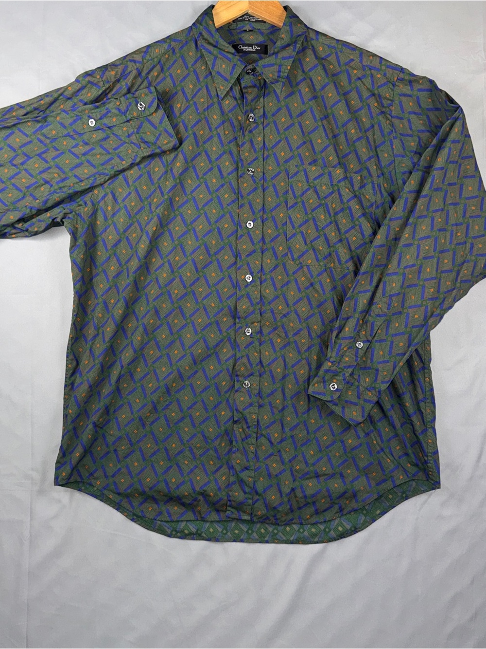 Vintage Christian Dior Shirt Mens Large Geometric Cotton Button Front Made USA